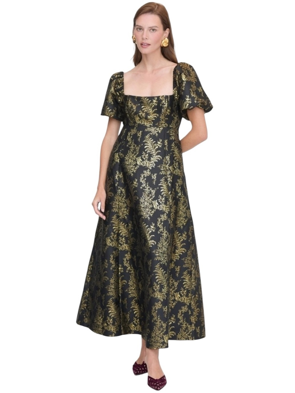 HILL HOUSE The Matilda Dress in Bird Brocade Black and Gold Formal Maxi Gown